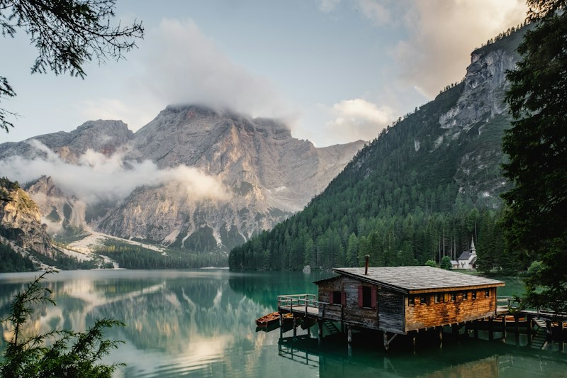 A quiet lake reflecting mountains